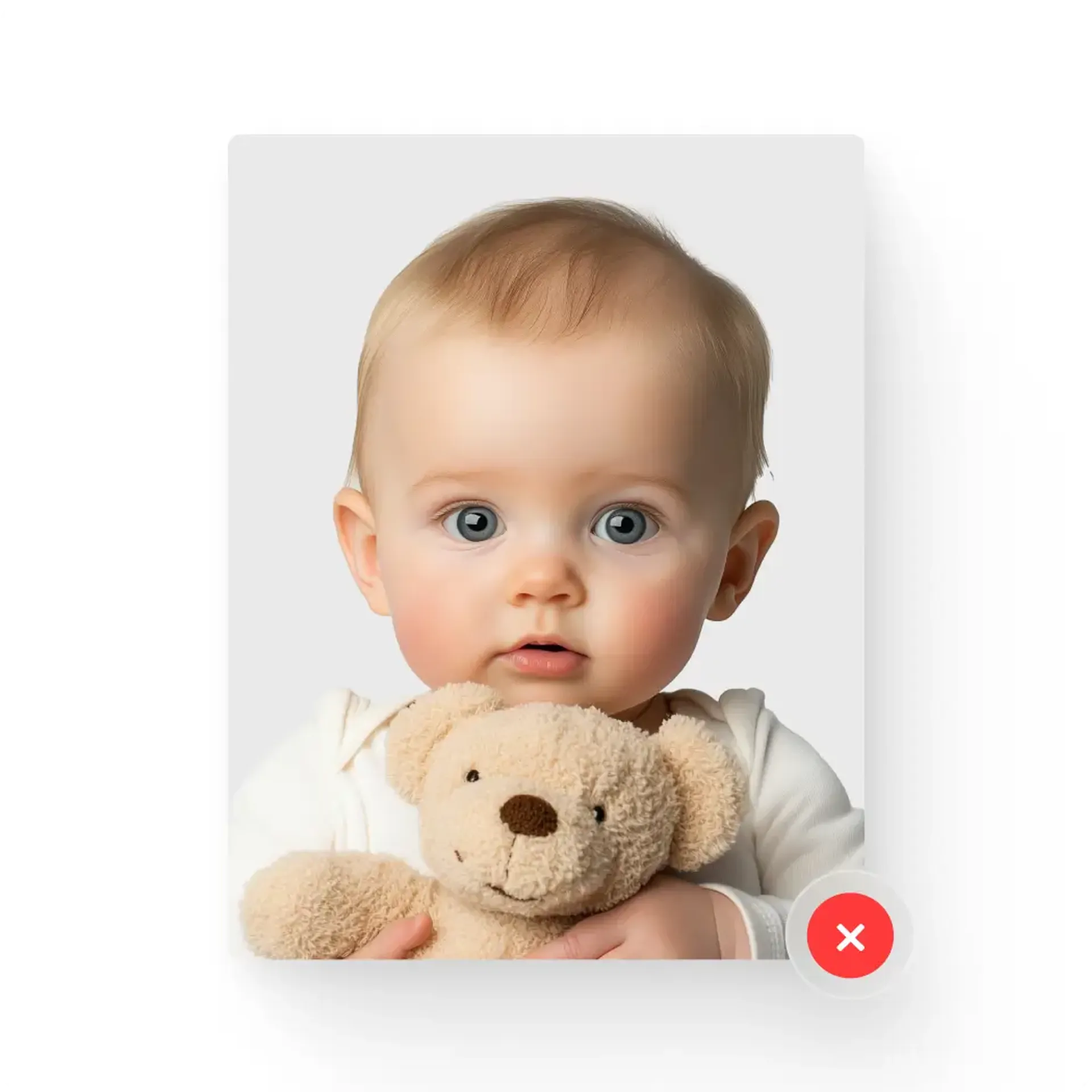 Baby holding a toy in a passport photo.