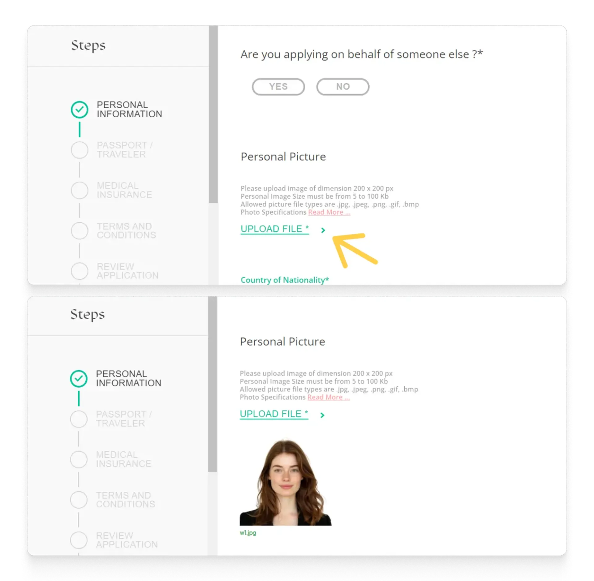 Screenshots showing the process of uploading a digital image to a Saudi Arabia e-visa.