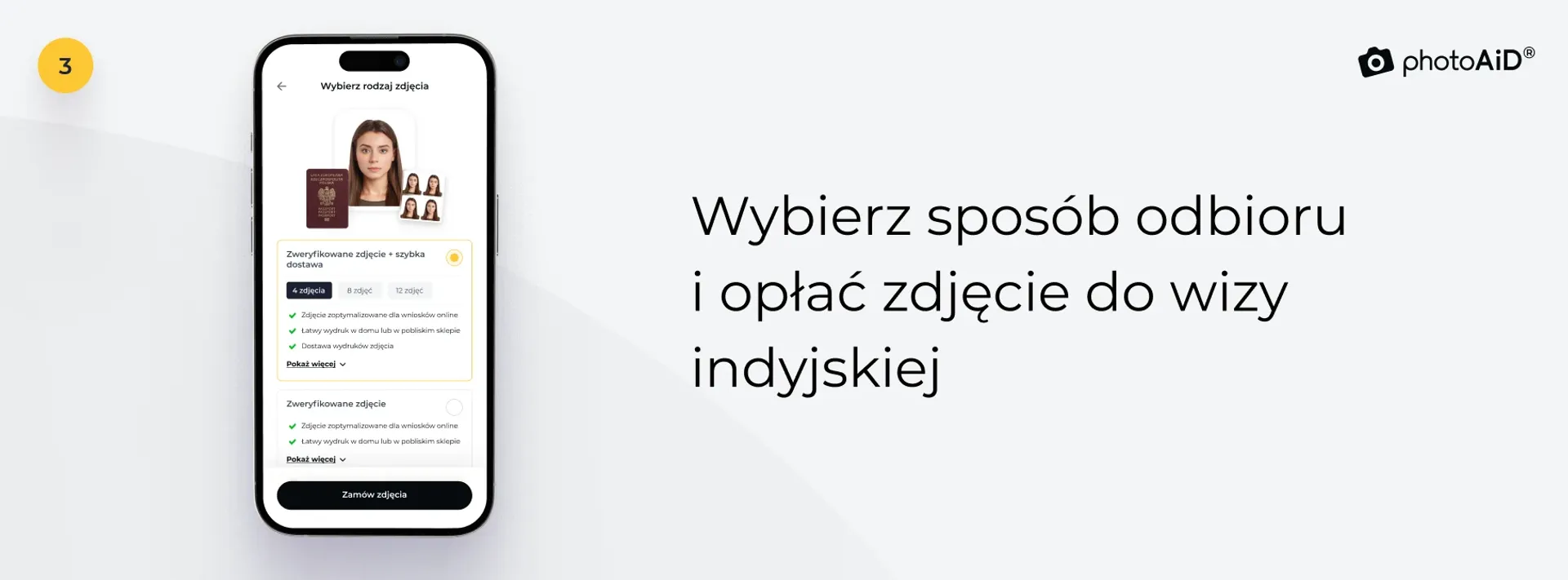 Ekran aplikacji na telefon PhotoAiD z wyborem opcji zdjęcia