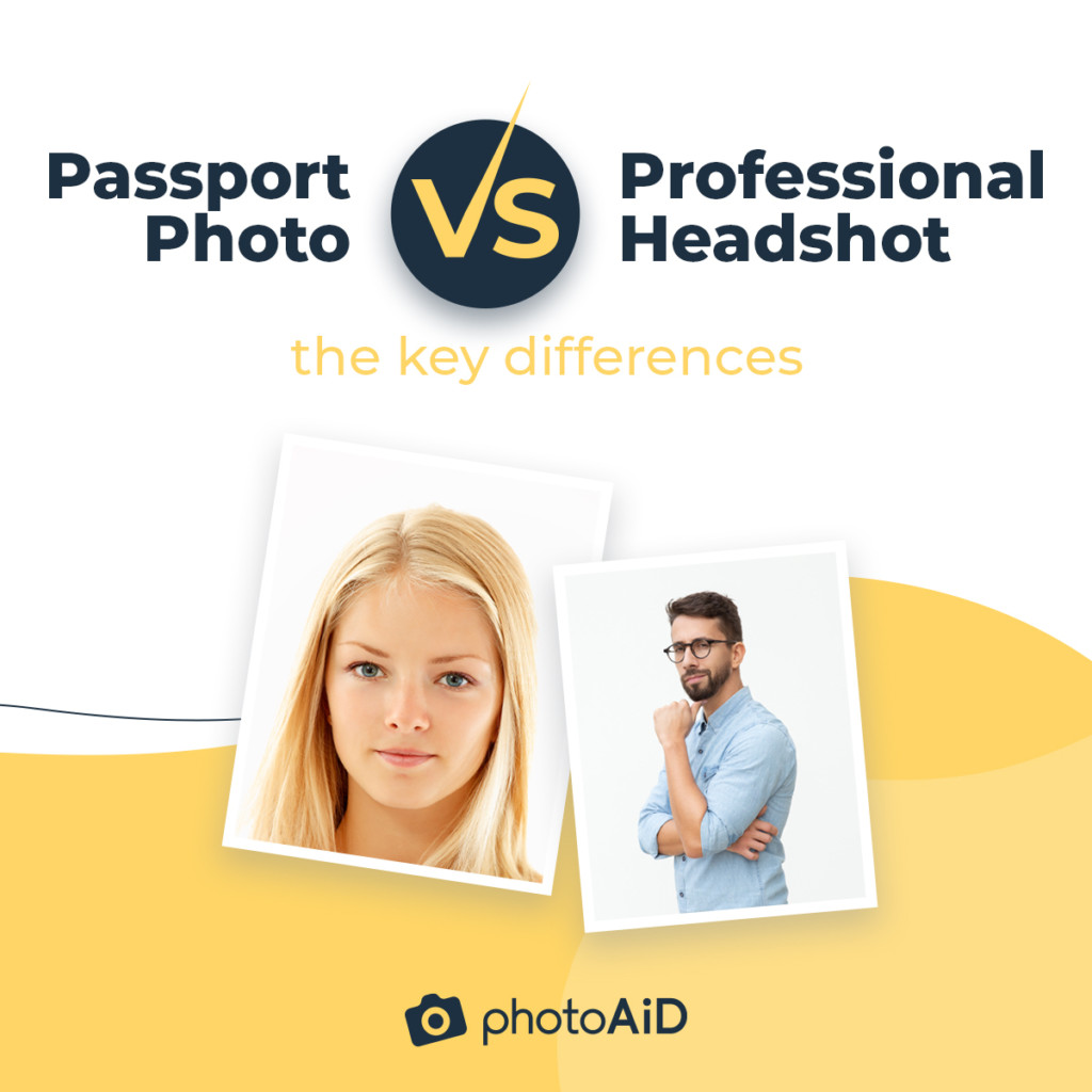 Side to side comparison of passport photo and headshot with key differences: pose, accessories, background and cropping.